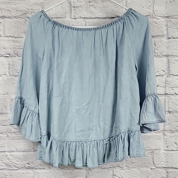 Sanctuary Julia Off the Shoulder Chambray Ruffled Blouse Women's Top Sz X-Small - Picture 8 of 9